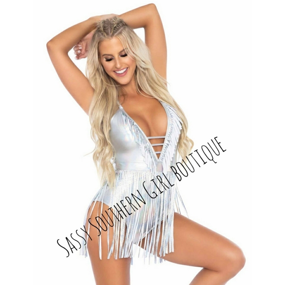 🆕⭐ Boho western Silver metallic fringe bodysuit - Picture 9 of 12